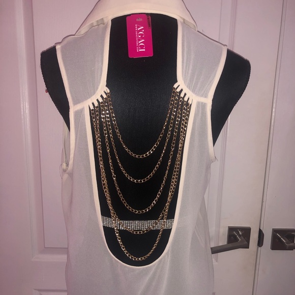 Tops - Beige button down blouse with gold chains